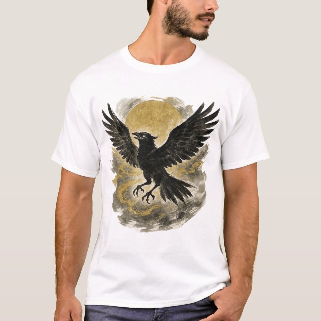 【Raven and Golden Moon Japanese Ink Art T-Shirt】 T-Shirt (Vorderseite)