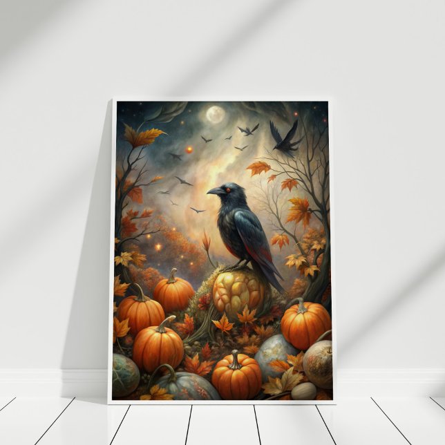 Raven and Pumpkin Forest - Dunkle Herbstmühle Poster (Raven and Pumpkin Forest – Dark Autumn Fairy Poster in a white wooden frame)