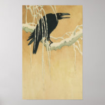 Raven auf einer Baumzweig-Illustration Gold schwar
