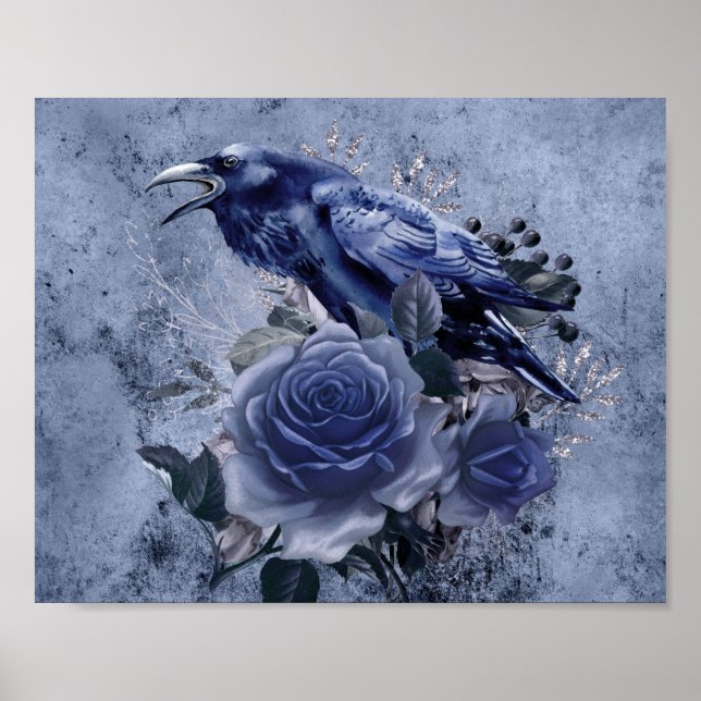 Raven Bird Blue Rose Whimsical Decoupage Print Poster (Vorne)