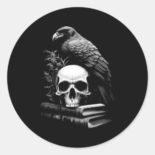 Raven Bird Skull and Books Witchy Occulmia Academi Runder Aufkleber