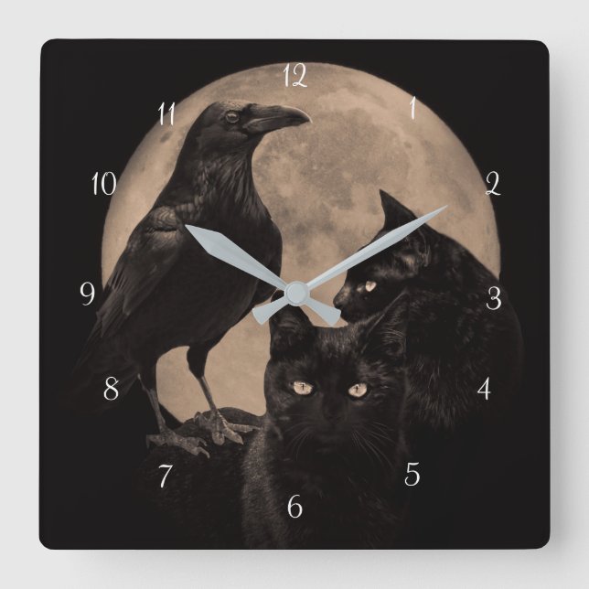 Raven Black Cat Magic Quadratische Wanduhr (Vorderseite)