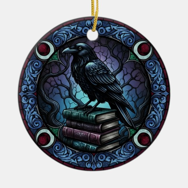 Raven Book Stack Gothic Bookish Keramik Ornament (Vorne)