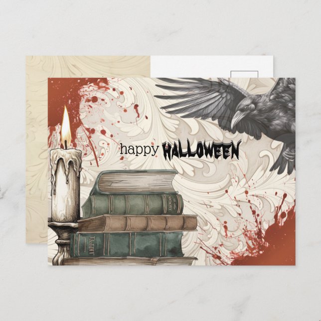 Raven | Bücher | Halloween Candle Feiertagspostkarte (Vorne/Hinten)