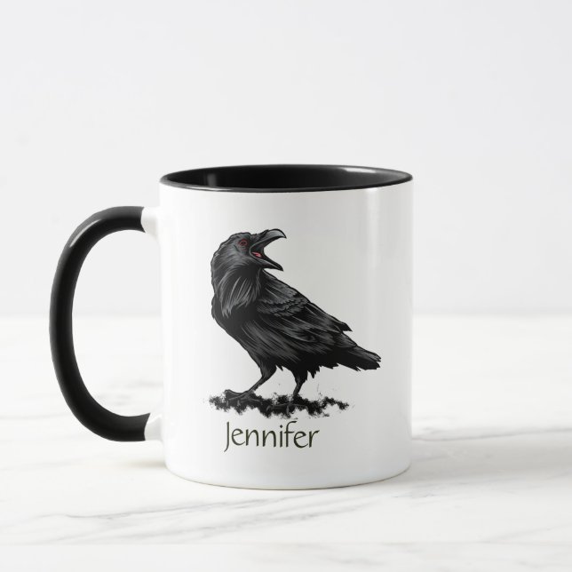 Raven Crow Black Bird Animal Art Individuelle Name Tasse (Links)