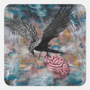 Raven Crow Black Bird Hirn Abstrakt surreale Kunst Quadratischer Aufkleber
