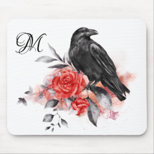 Raven Elegante Monogram Gotische Rose Wasserfarben Mousepad