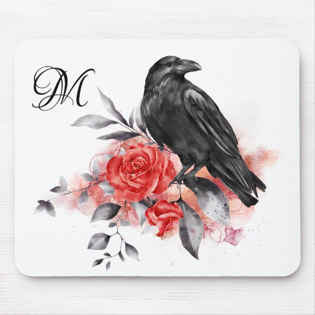 Raven Elegante Monogram Gotische Rose Wasserfarben Mousepad (Vorne)