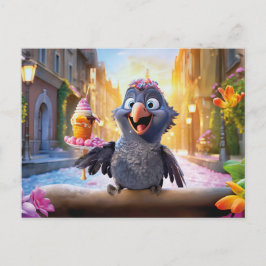 Raven Enjoying Ice Cream In Sunny City Postkarte