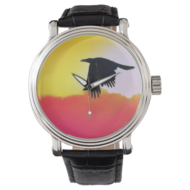 Raven Flying bei Sunset Watch Armbanduhr (Vorderseite)
