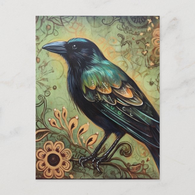 Raven Folk Art Malerei Postkarte (Vorderseite)