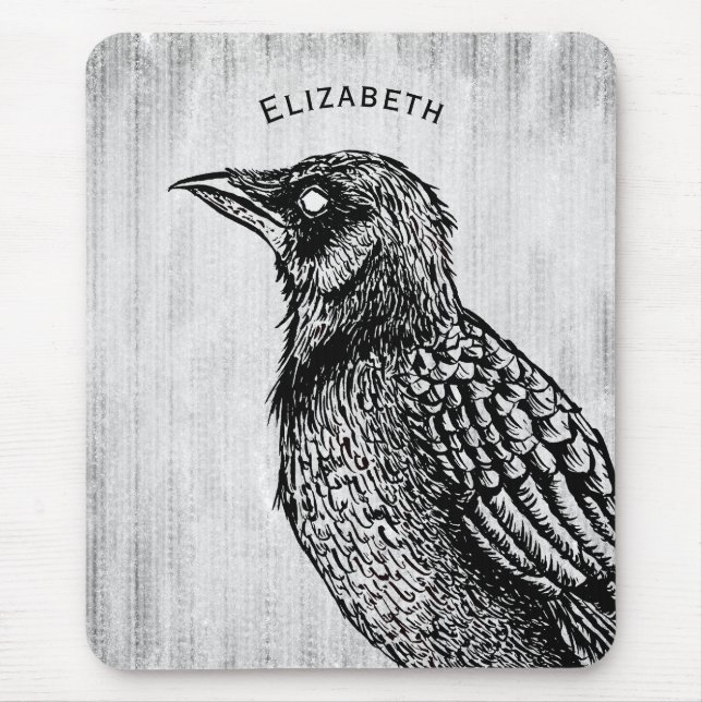 Raven Gothic Schwarz-weiß Creepy Bird Zeichnend Na Mousepad (Vorne)