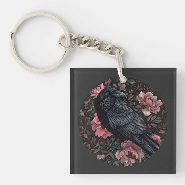 Raven gothic Vintag Blume Schlüsselanhänger (Vorderseite)