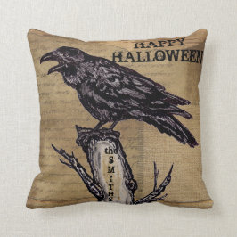 Raven Halloween Pillow personalize Burlap Neutral Kissen