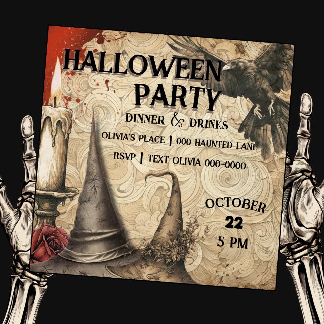 Raven | Hexenhats | Kerze | ROSE HALLOWEEN-PARTY Einladung (Haunted halloween customizable party invite with raven and witch hats. )