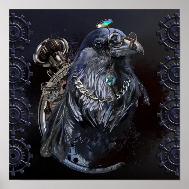 Raven im Steampunk-Stil. Zeichnend Wasserfarbe Poster (Vorne)