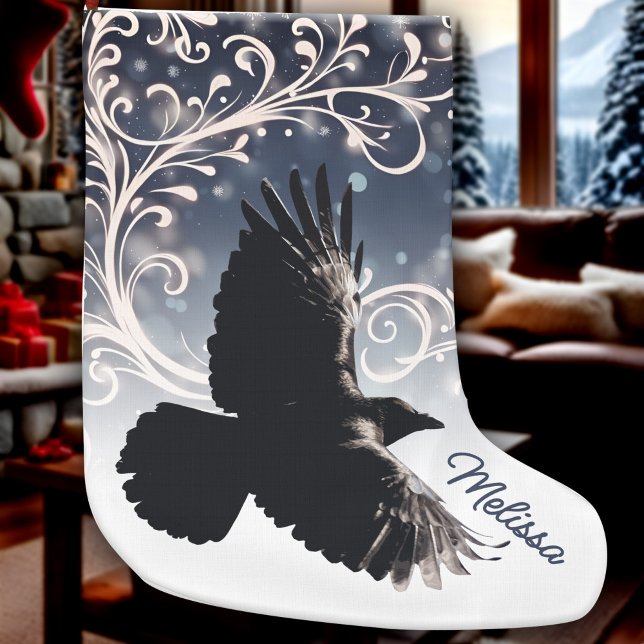 Raven in Flight Wintery Blue White Swirl Elegant Großer Weihnachtsstrumpf (Raven flight dark blue with magical white swirls, nature lovers Winter Solstice Christmas Stocking)