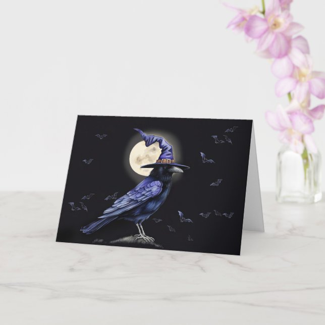 Raven in Hexenmeisterhut mit Fledermäusen und Mond Karte (Orchidee)