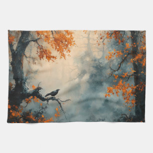 Raven in Misty Autumn Forest Geschirrtuch