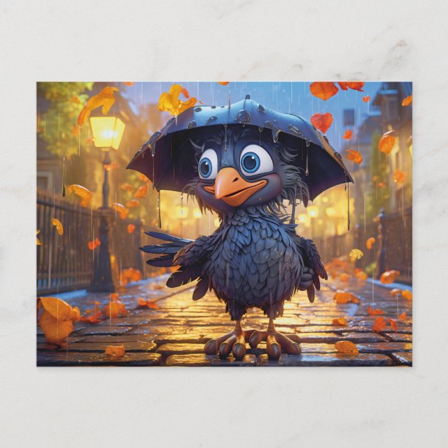Raven In Rainy Autumn Street With Umbrella Postkarte (Vorderseite)