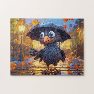 Raven In Rainy Autumn Street With Umbrella Puzzle