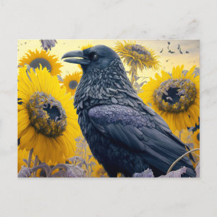 Raven in Sunflower Field Postkarte