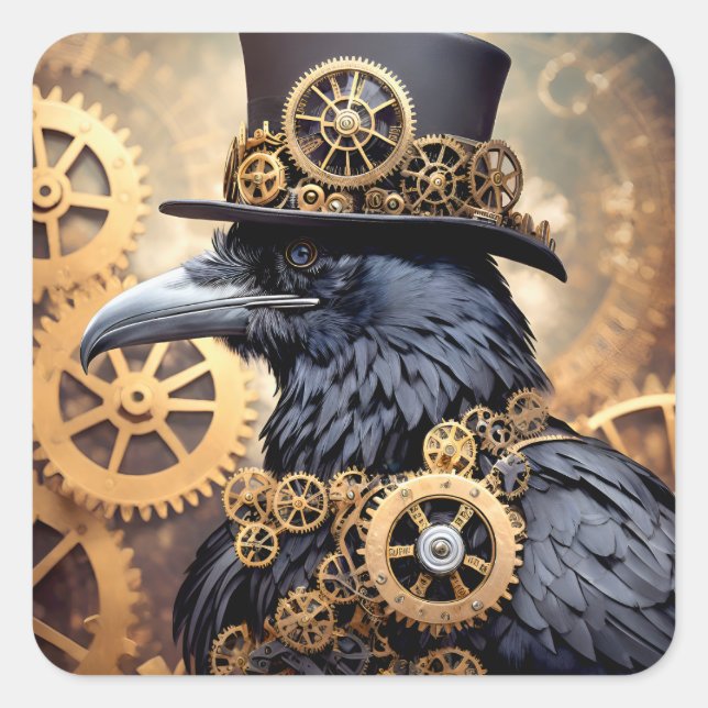 Raven in Top Hat Steampunk Art Quadratischer Aufkleber (Vorderseite)