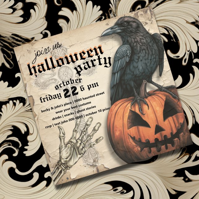 Raven | KÜRBISLATERNE | Skeletthand | Halloween Einladung (Raven on top of jack o lantern with spooky skeleton hand Halloween party invite)