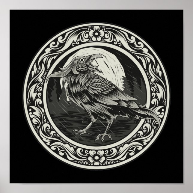 Raven Medallion Carving Art Bird Nature Poster (Vorne)