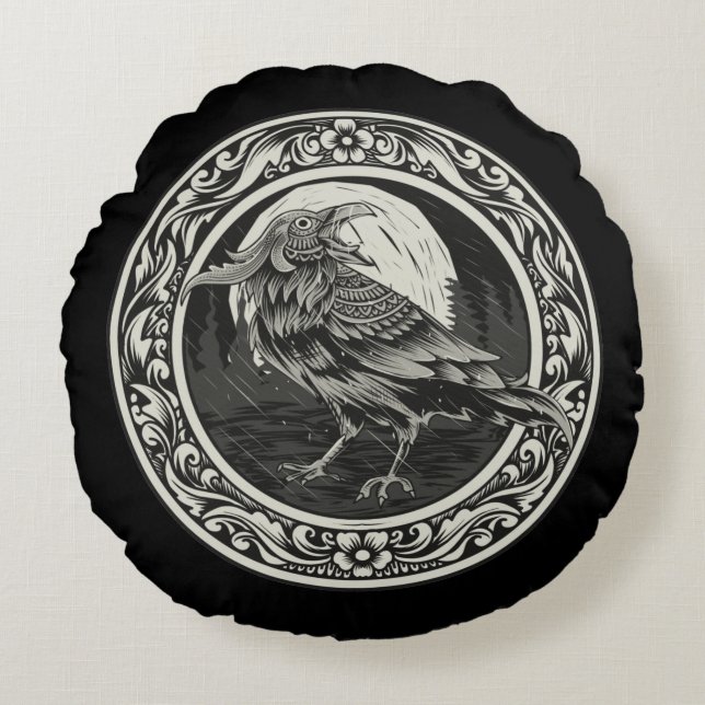 Raven Medallion Carving Art Bird Nature Rundes Kissen (Vorderseite)