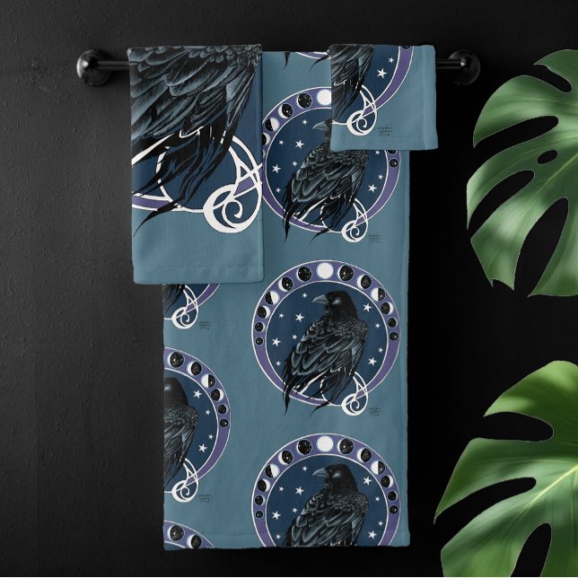 Raven Moon Phases Stars Blue Badhandtuch Set (Von Creator hochgeladen)