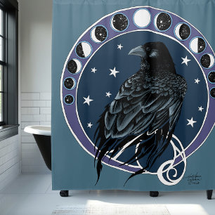 Raven Moon Phases Stars Blue Duschvorhang