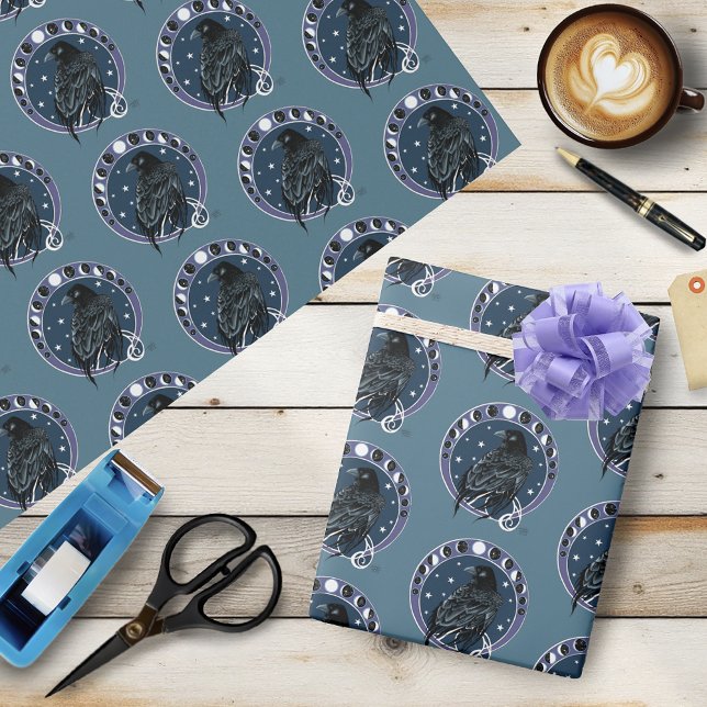 Raven Moon Phases Stars Blue Geschenkpapier (Von Creator hochgeladen)