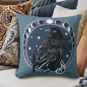 Raven Moon Phases Stars Blue Kissen