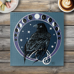 Raven Moon Phases Stars Blue Puzzle