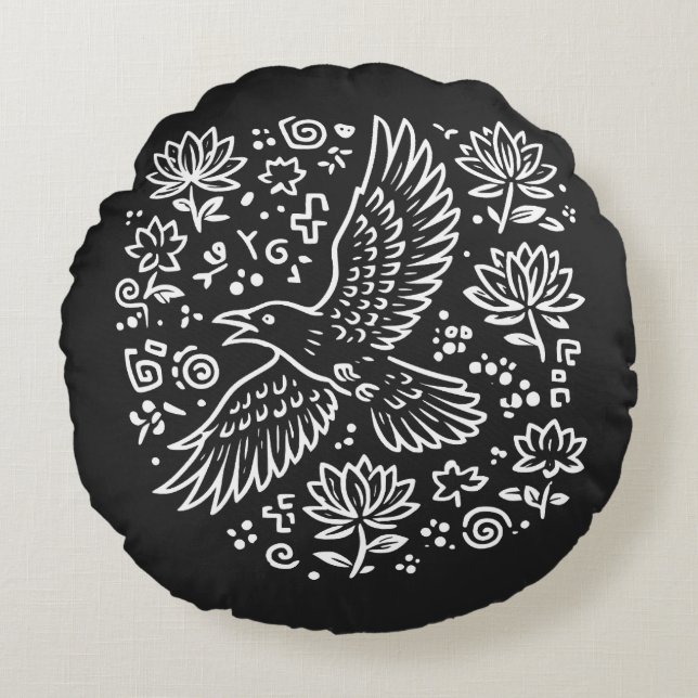 Raven of Transformation Rundes Kissen (Vorderseite)