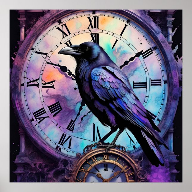Raven on Clock Watercolor Poster (Vorne)