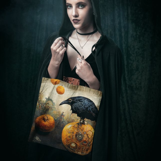 Raven on Pumpkin (Spooky raven sitting on a pumpkin tote.  Halloween addition for trick or treating. )