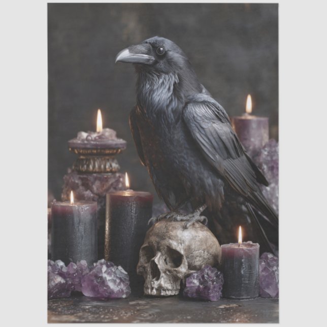 Raven on Skull mit Kerzen und Amethyst-Kristallen Seidenpapier (Vorderseite)