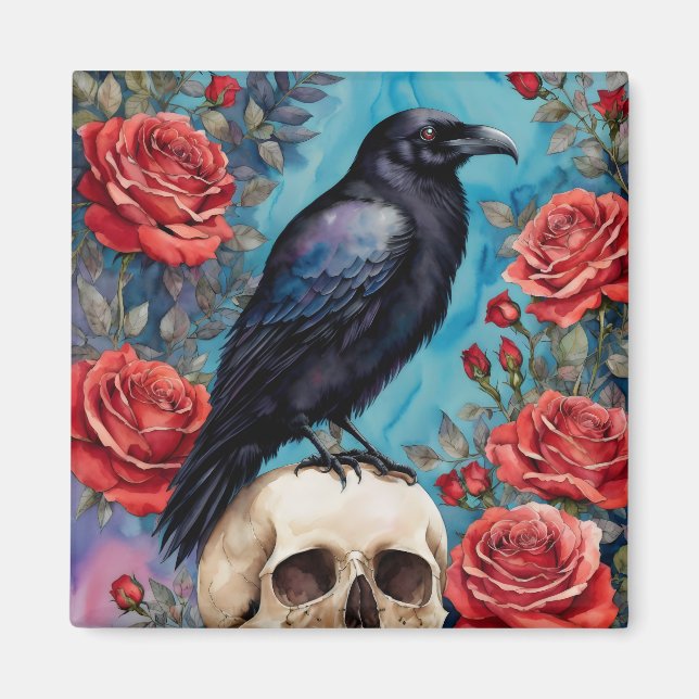Raven on Skull Rote Rosen Aquamariner Hintergrund Magnet (Vorne)