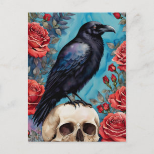 Raven on Skull Rote Rosen Aquamariner Hintergrund Postkarte