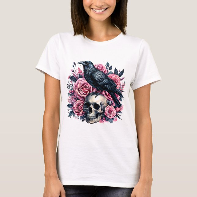 Raven & Pink Roses – Gothic Skull Watercolor T-Shirt (Vorderseite)