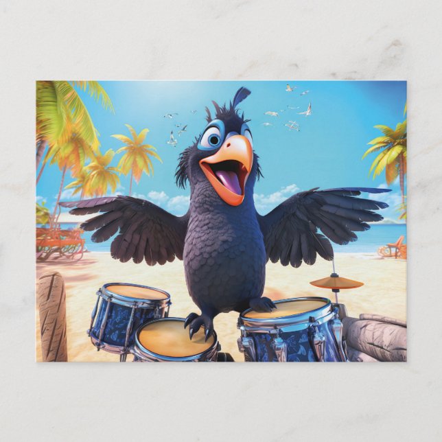 Raven Playing Drums On Tropical Beach Postkarte (Vorderseite)
