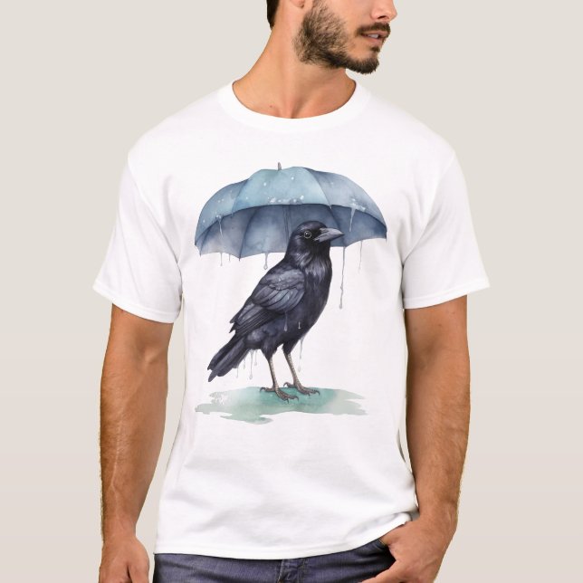 Raven Playing in Regen mit einem Schirm Novelty T-Shirt (Vorderseite)