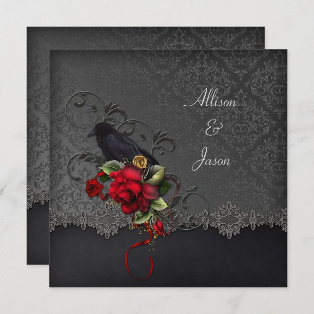 Raven Rote Rosen Black Gray Damask Einladung (Vorne/Hinten)