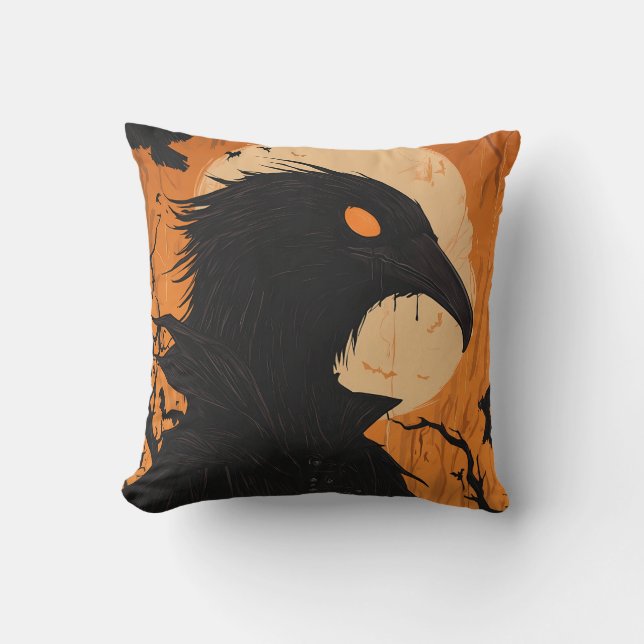 Raven Silhouette Full Moon Black Orange Halloween Kissen (Vorderseite)
