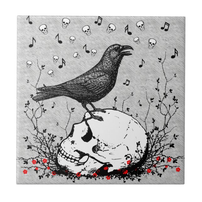 Raven Sings Song of Death on Skull Illustration Fliese (Vorderseite)