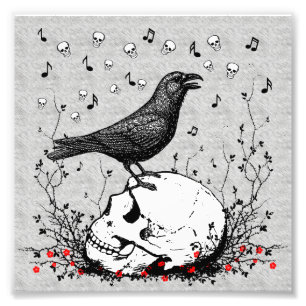 Raven Sings Song of Death on Skull Illustration Fotodruck