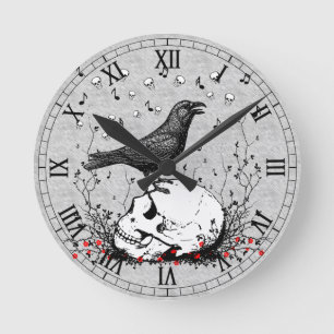 Raven Sings Song of Death on Skull Illustration Runde Wanduhr