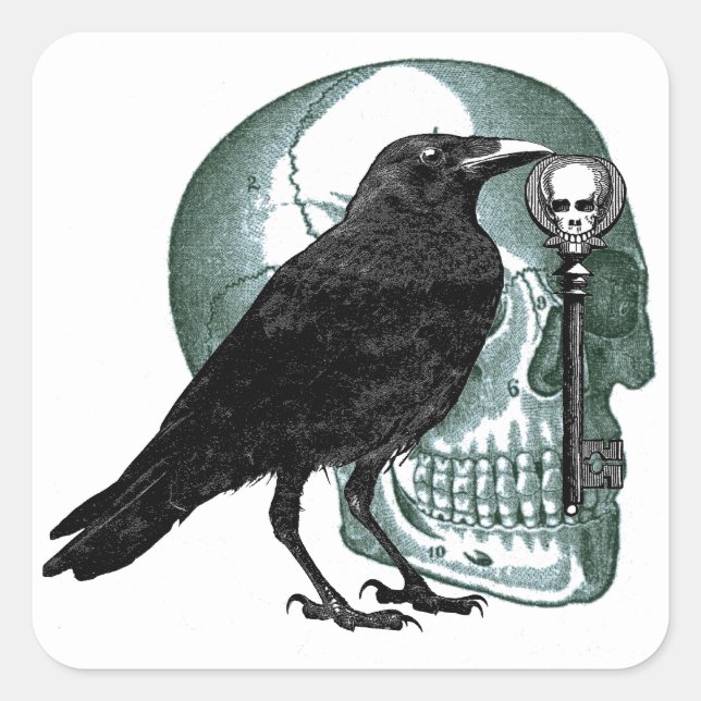 Raven Skull Skeleton Key Quadratischer Aufkleber (Vorderseite)